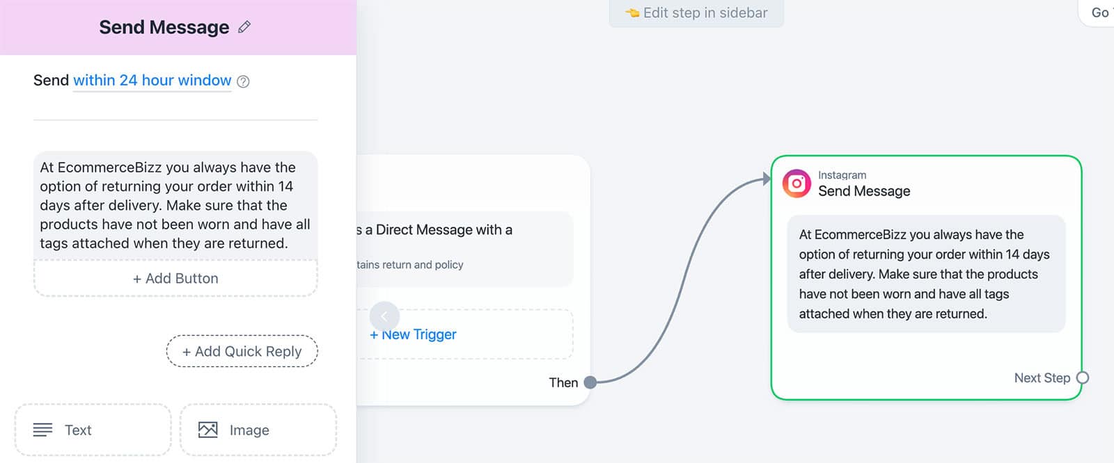 Return policy answer in an Instagram automation with Manychat