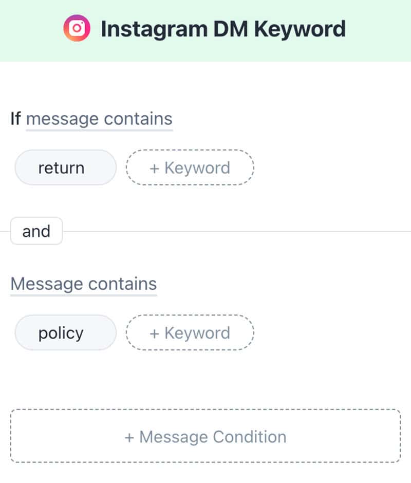 Instagram keyword containing return and policy in Manychat