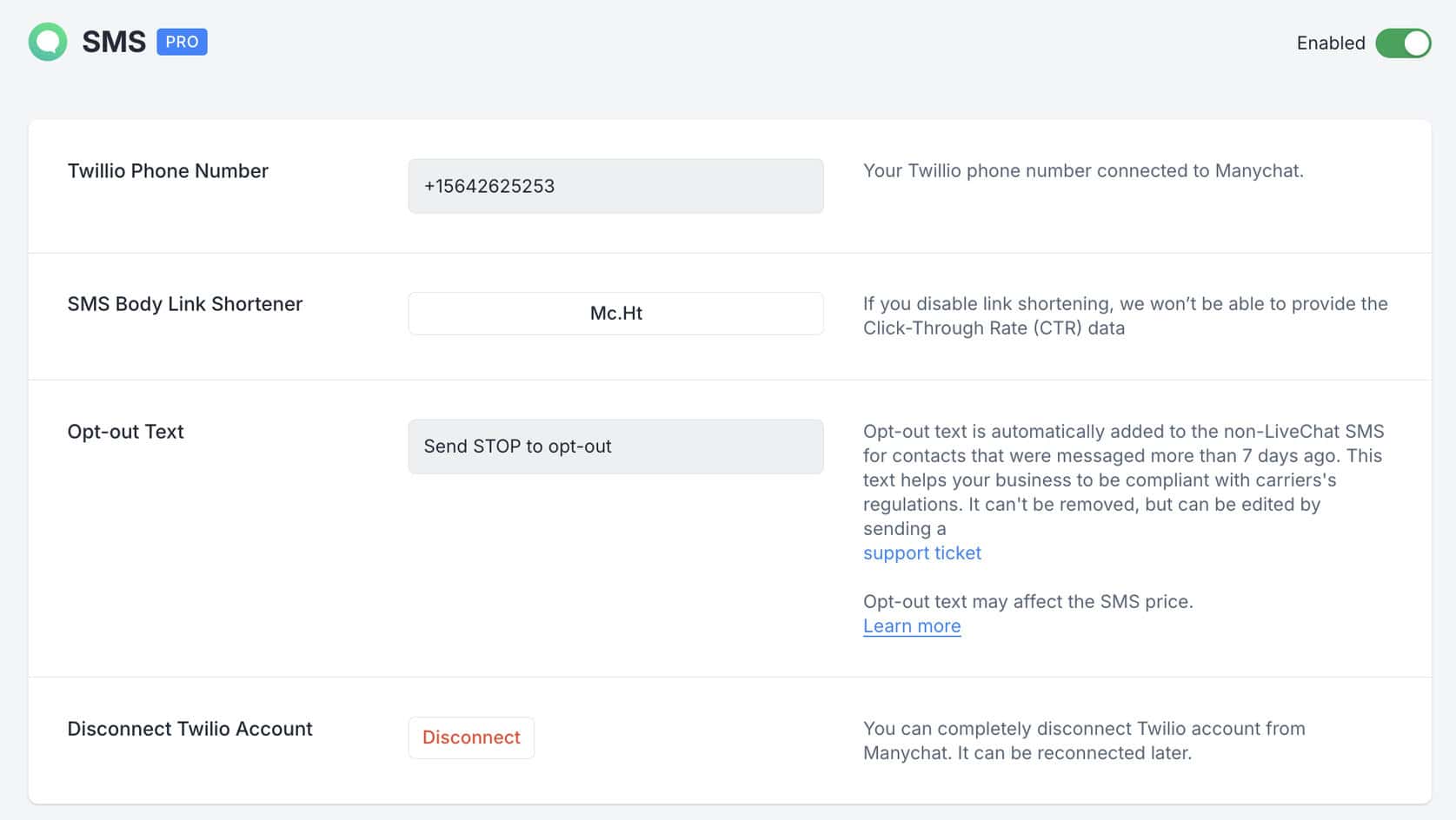 Screen that shows Manychat has been connected to Twilio for SMS