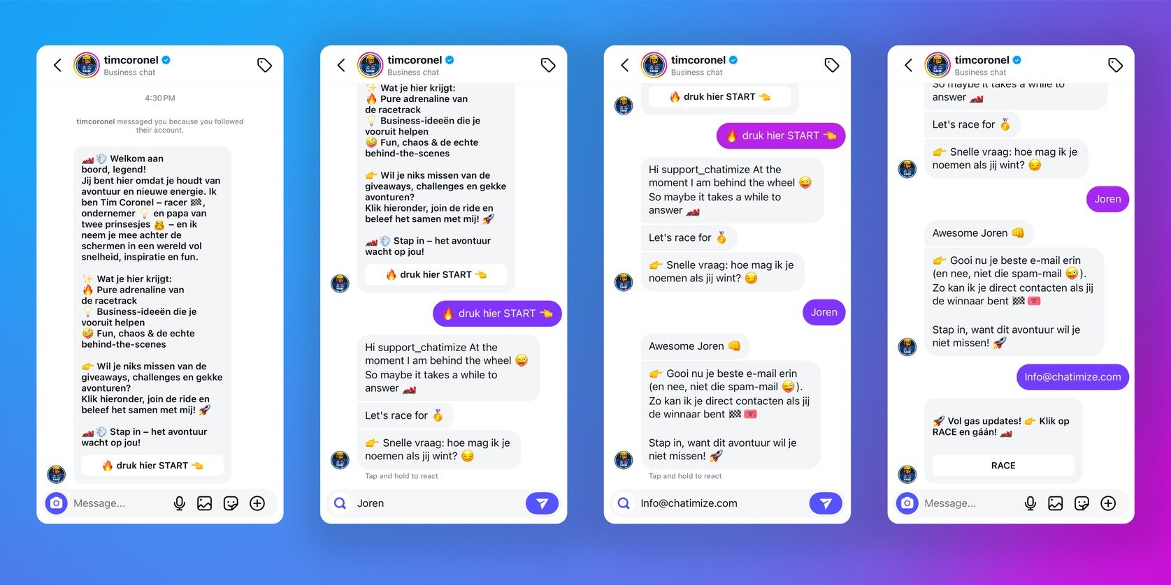 Example of Instagram DM automation on Tim Coronel's Instagram account