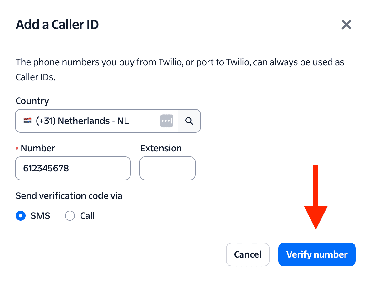 Twilio screen where you can add a Caller ID as verified phone number
