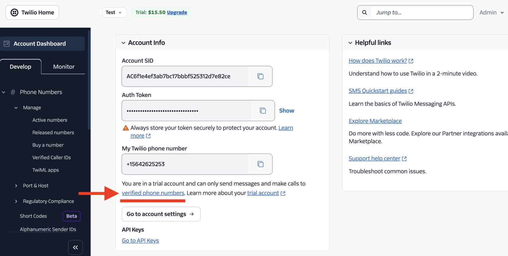 Click on the Verified Phone number link in Twilio