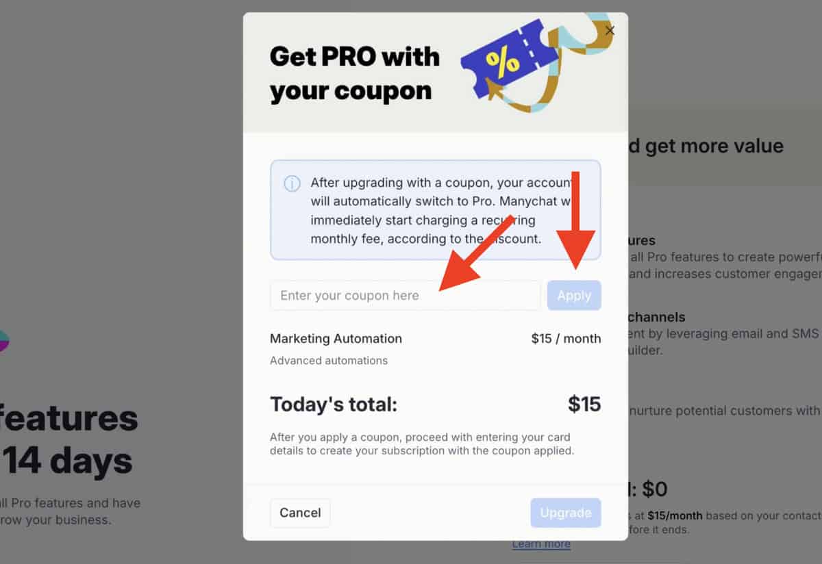 Enter your Manychat discount code and click on "Apply" to add it to your checkout.