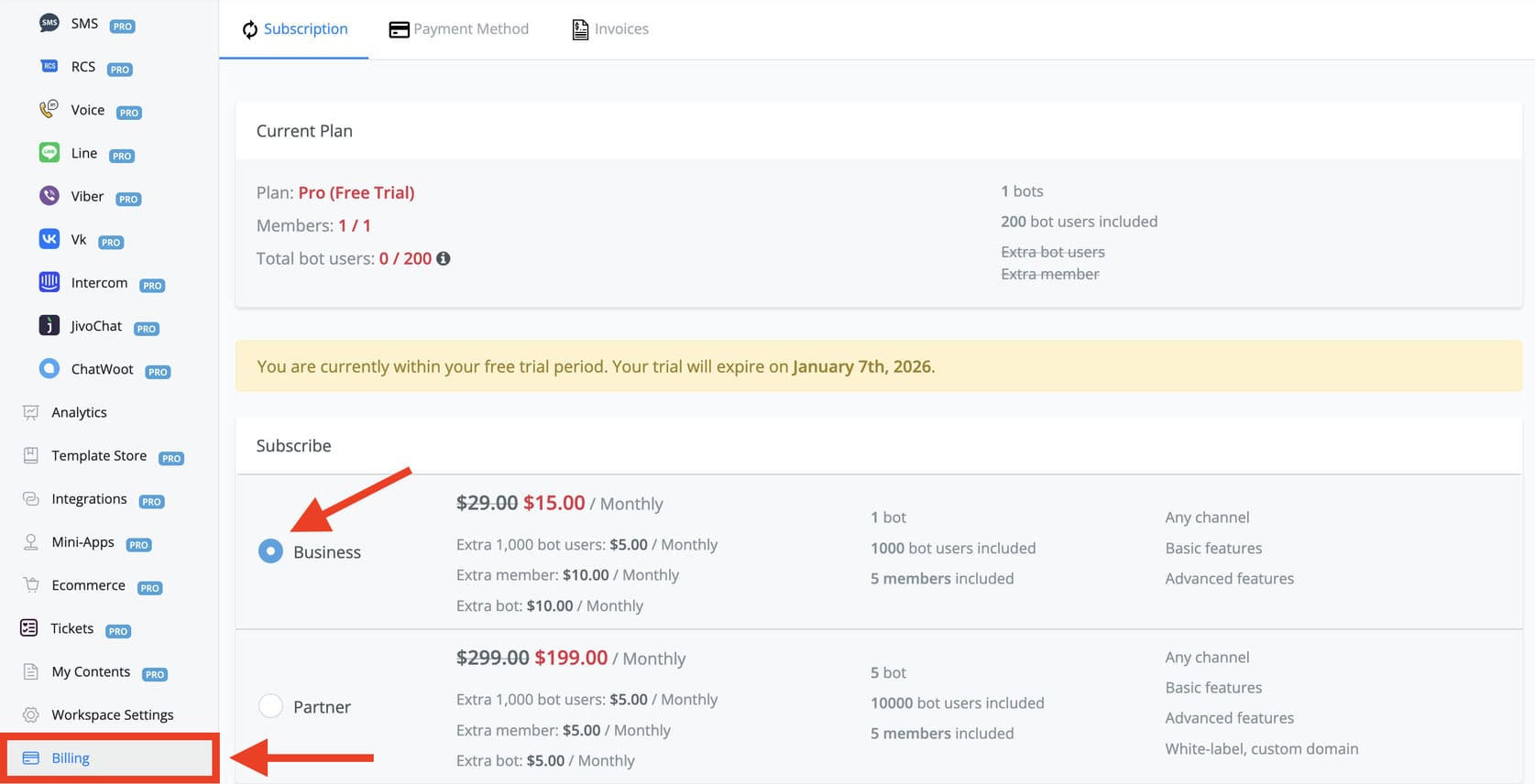 Add Business Plan in the Billing section of UChat