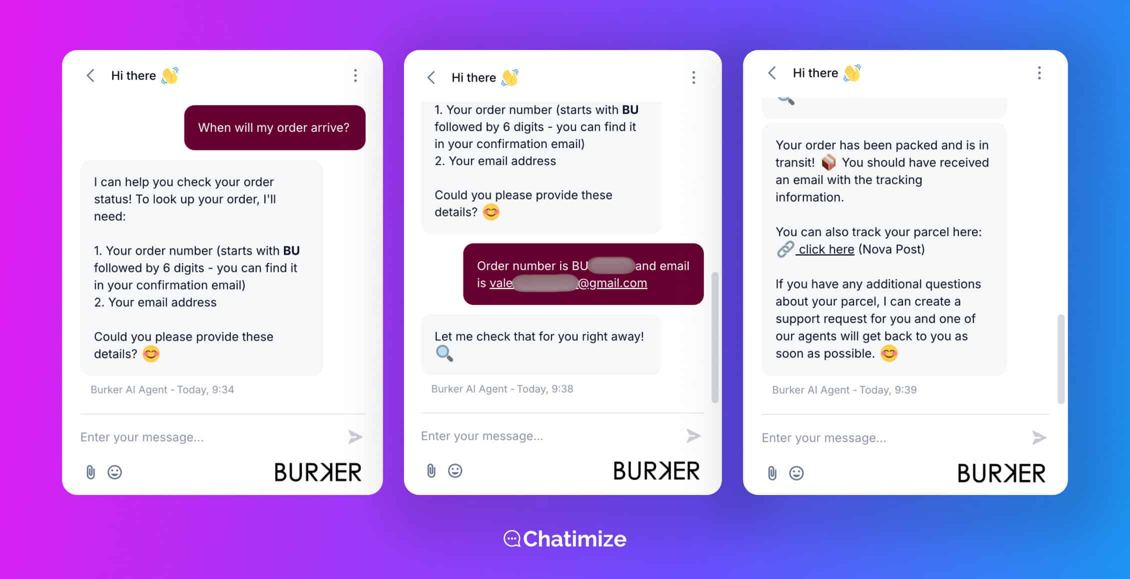 Order status lookup in Burker Watches chatbot