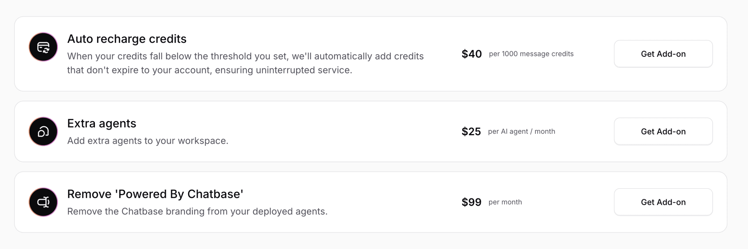 Pricing add-ons of Chatbase
