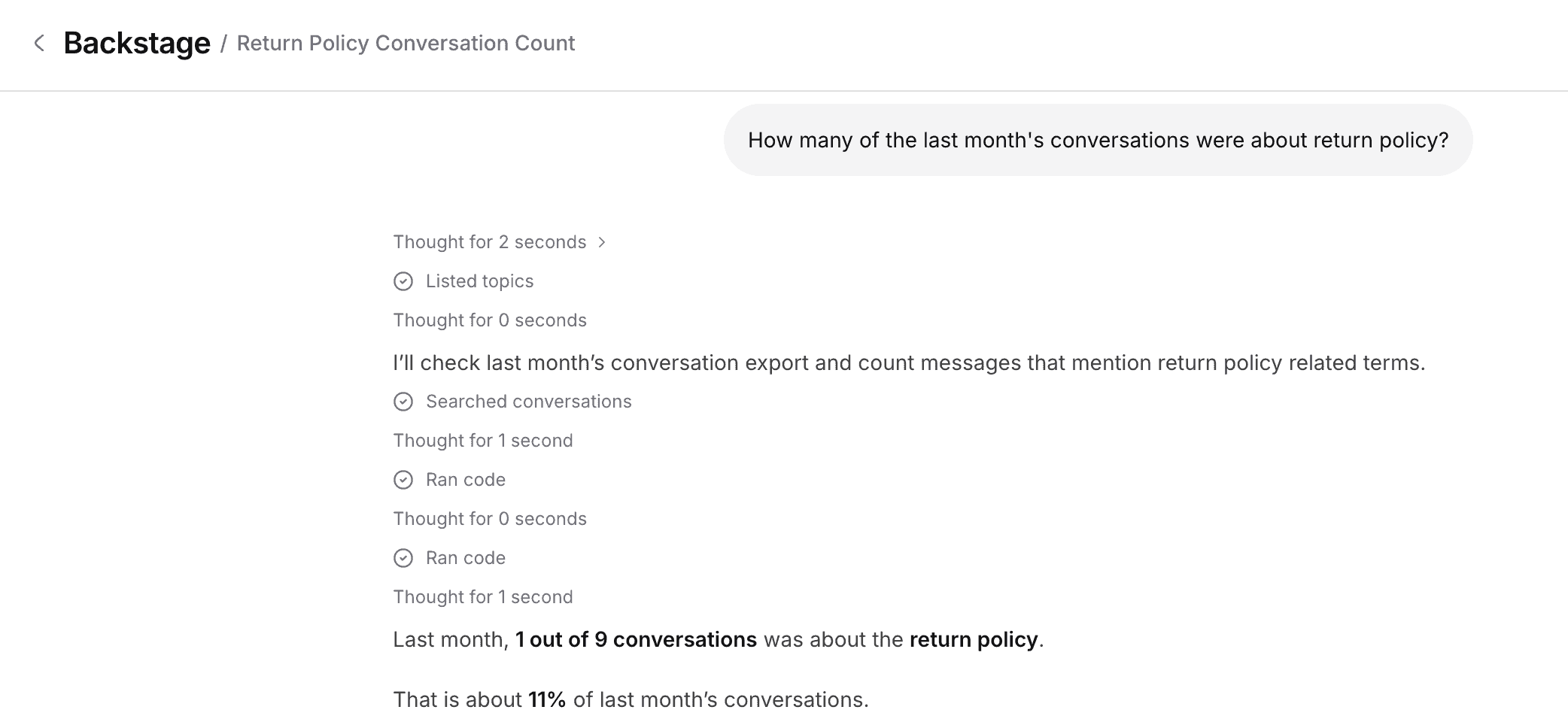 Ask the Chatbase Backstage a question about your analytics