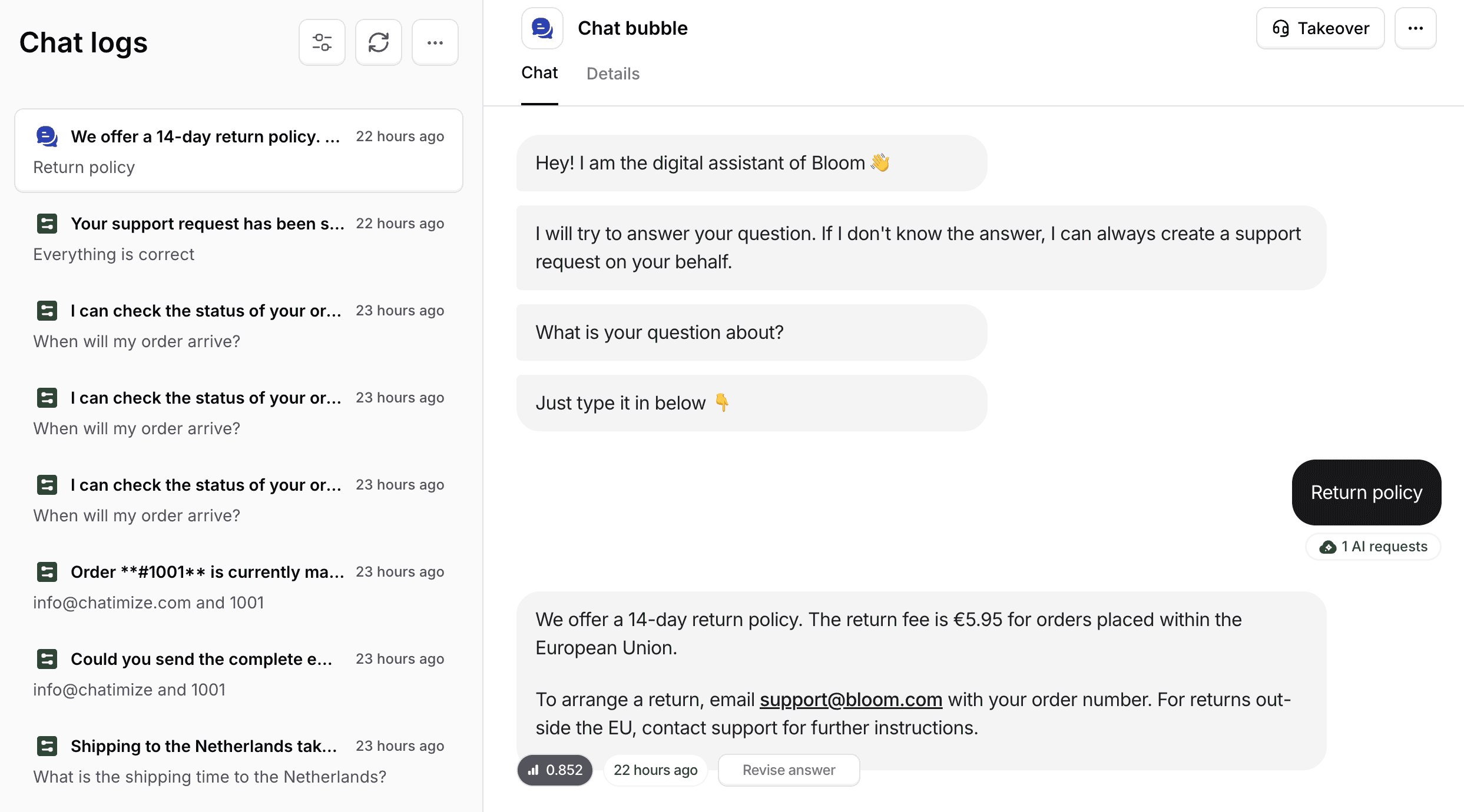 See an overview of all conversations in the Chatbase chat logs