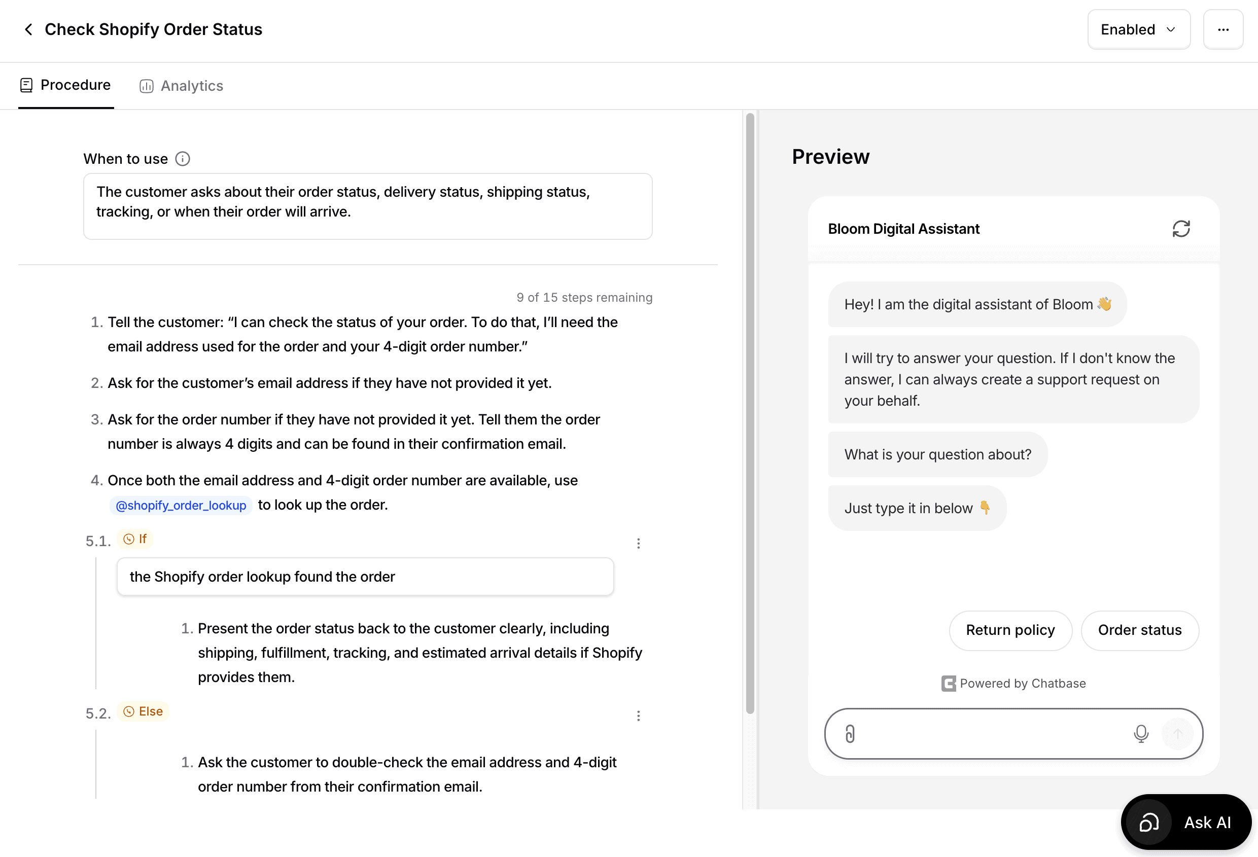 Create a procedure with step-by-step instructions in Chatbase