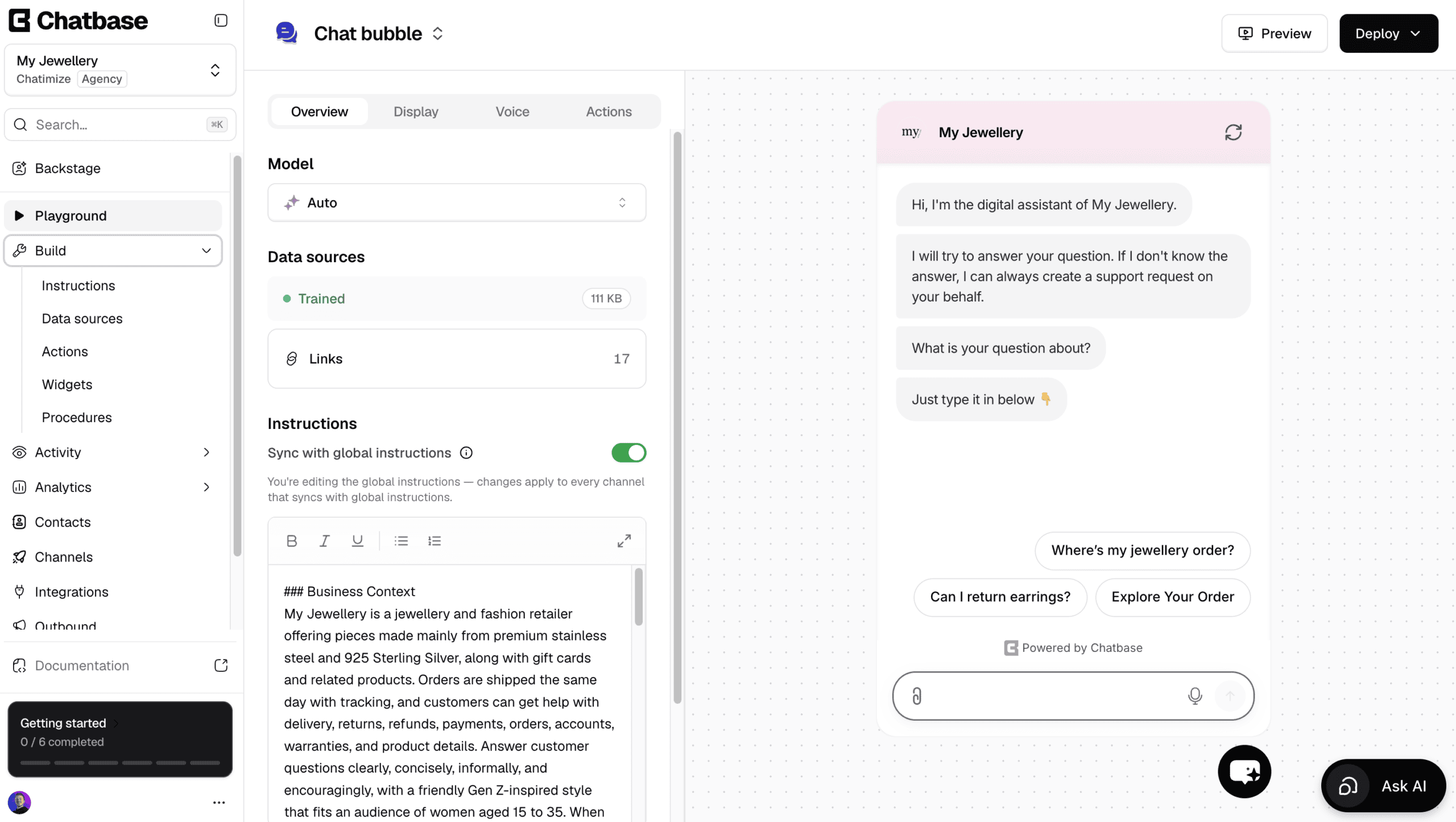 Overview of the Chatbase interface