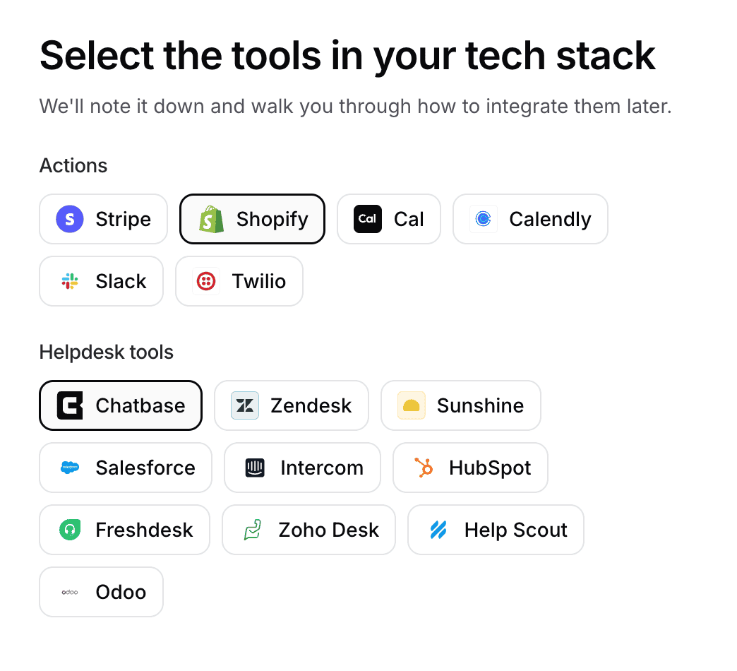 Select the tools in your tech stack in Chatbase