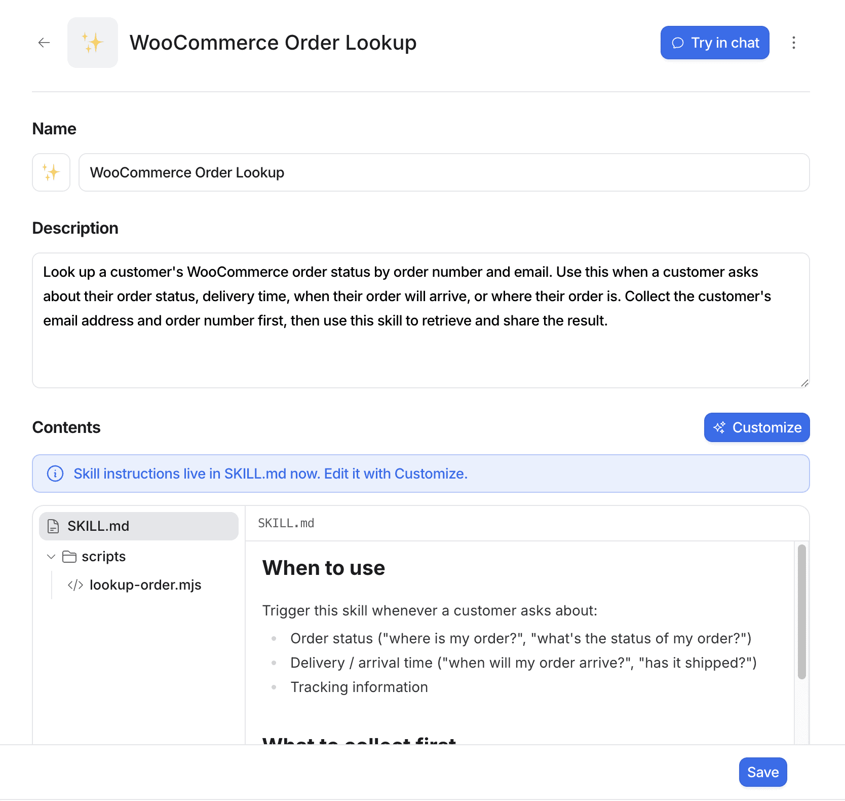 Review the details of a custom skill you've built in Eesel AI