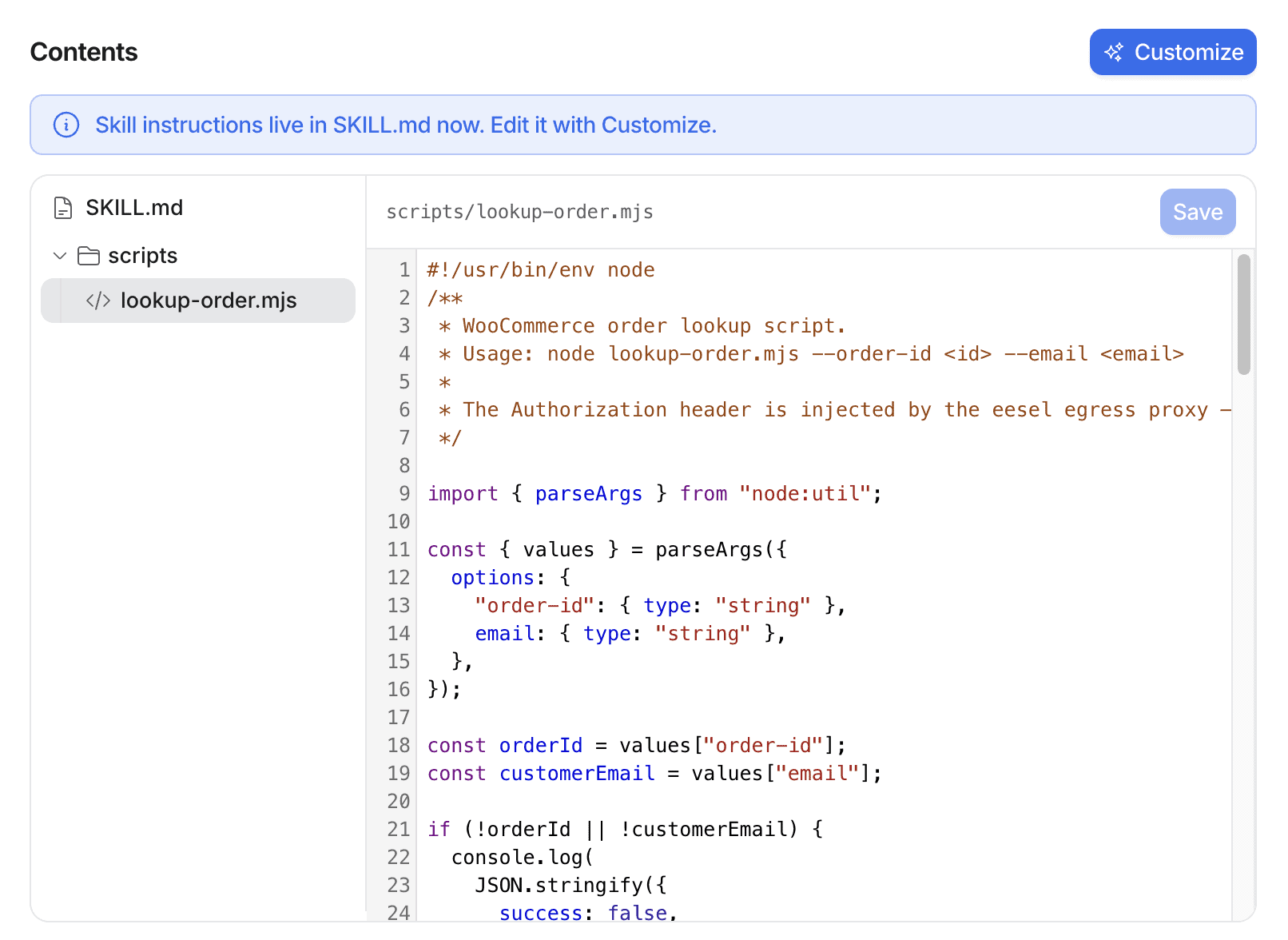 See the code Eesel AI automatically generates for a custom skill