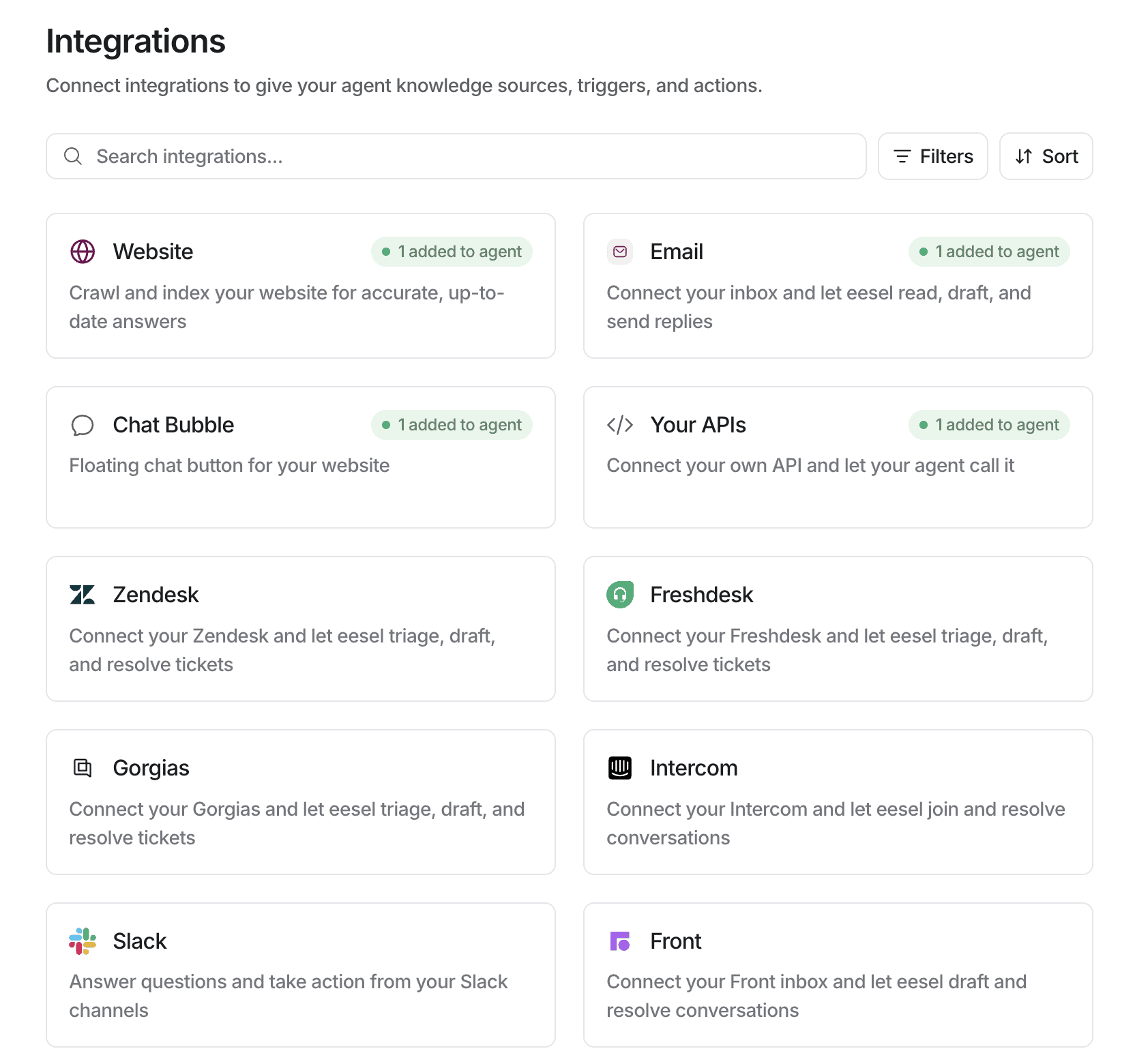 Browse available integrations like Zendesk and Freshdesk in Eesel AI