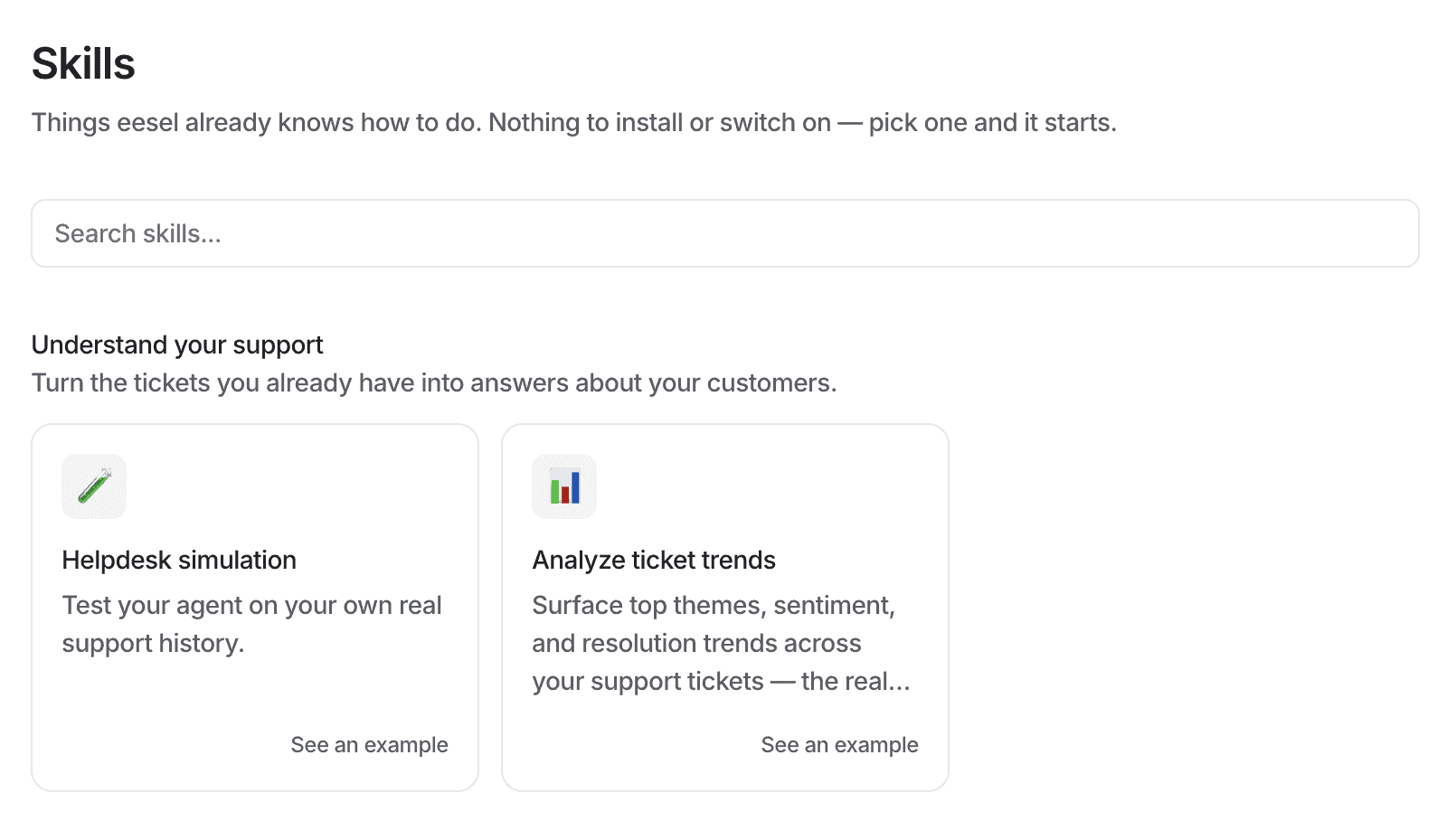 Browse the skills Eesel AI already knows how to do