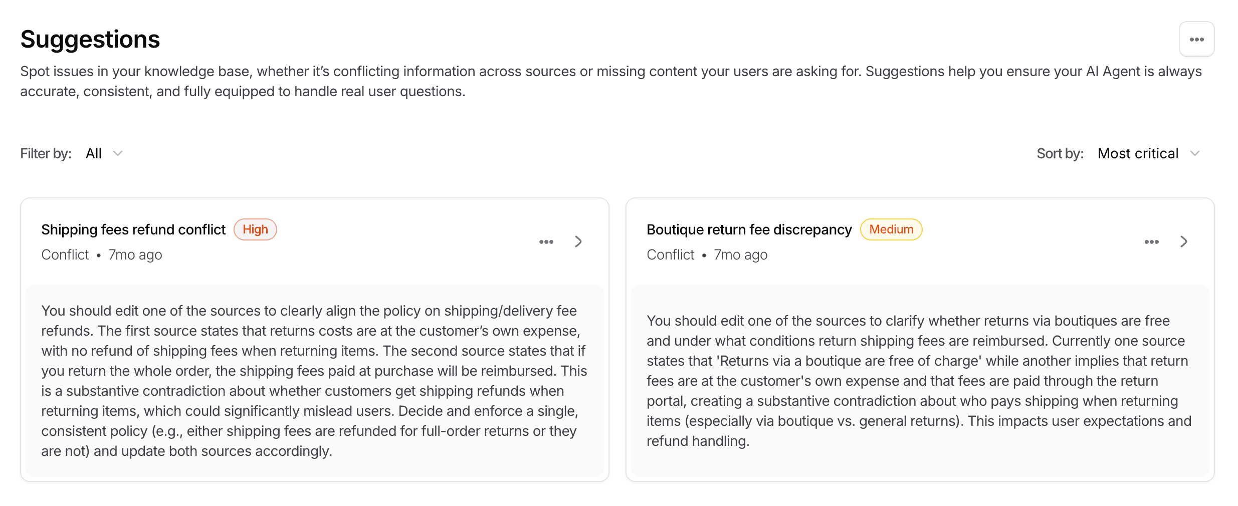 Suggestions overview in Chatbase, that spot gaps in your knowledge base