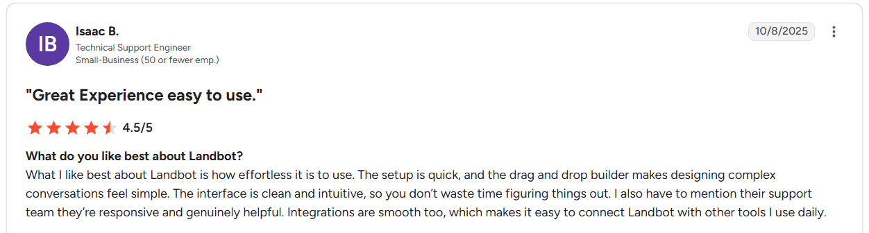 A G2 reviewer says Landbot is effortless to use and quick to set up