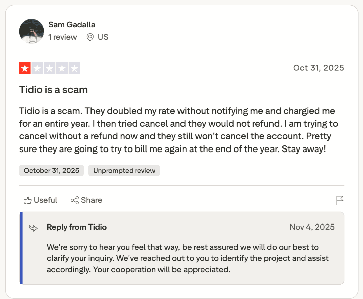 Trustpilot review saying Tidio doubled the rate without notice and wouldn't cancel the account