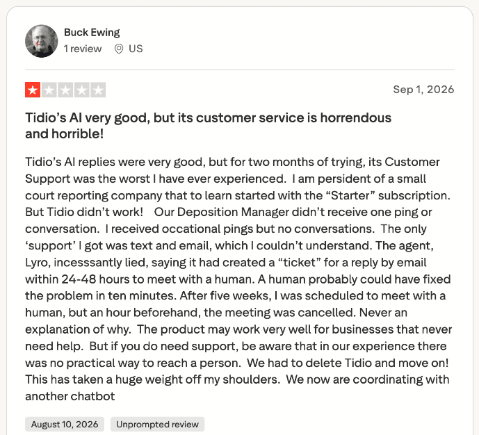 Trustpilot review saying Tidio's AI works well but it took weeks to reach a person at support